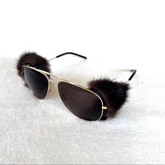 Saint Laurent Metallic Classic 11 Shields 59mm Mink Fur-Trim Sunglasses - Picture 7 of 14